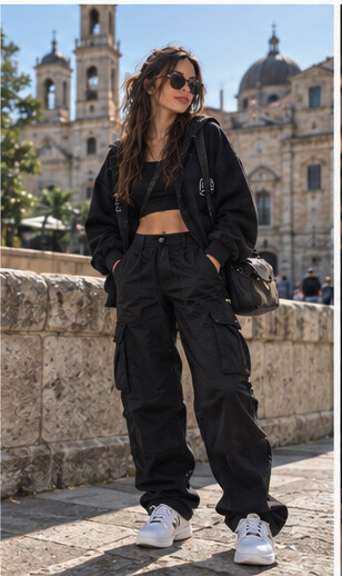 Full-body portrait of Nika Doren, a fictional AI-generated virtual creator in understated dark streetwear.